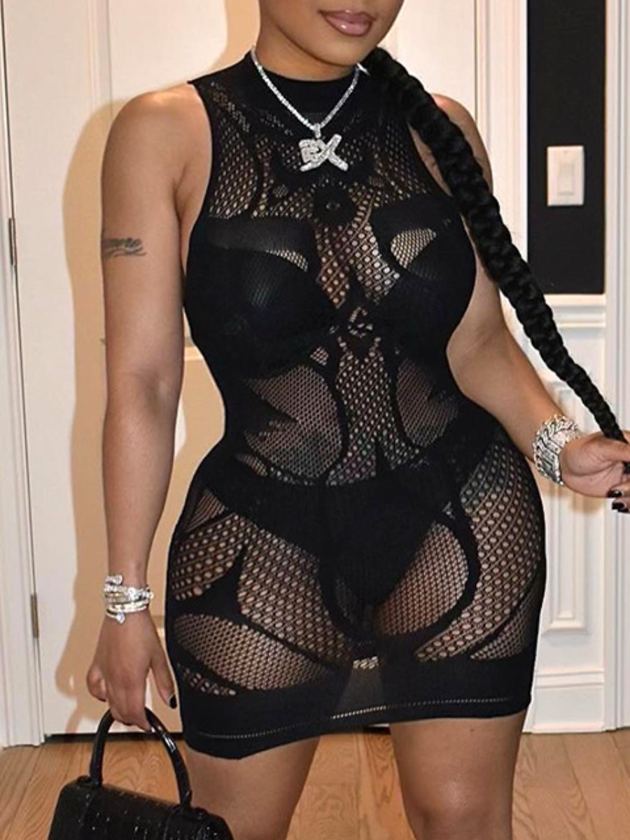 LovelyWholesale SXY See-through Lace Bodycon Dress Summer Sleeveless Sxy Round Neck Spring Summer 2024