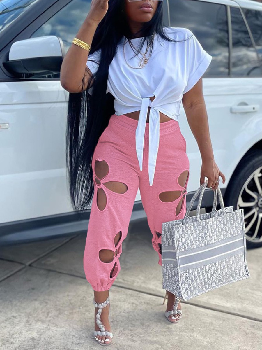 LovelyWholesale COTTON Bandage Design Cut Out Pants Set Spring Short Sleeve Sxy Bandage Design Round Neck Spring Summer 2024