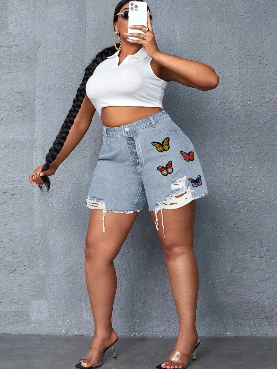 LW Plus Size High-Waist Ripped Butterfly Print Low Stretchy Denim Shorts