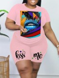 LW Plus Size Letter Lip Print Shorts Set