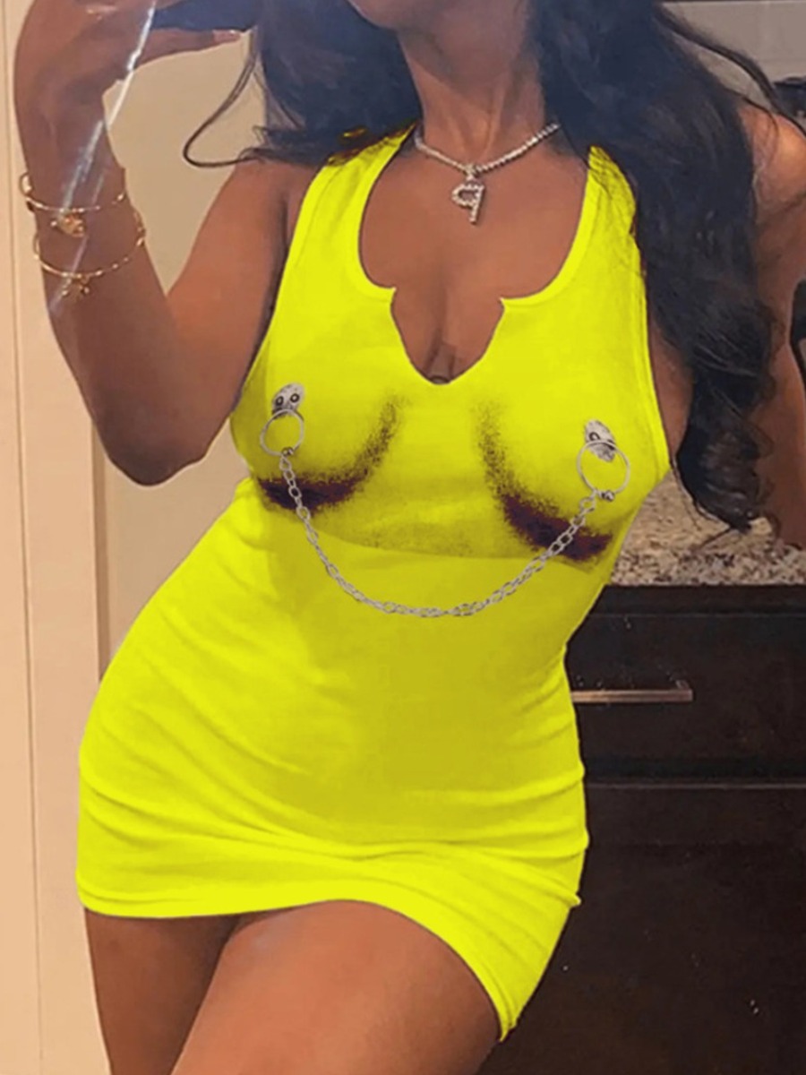 

LW Plus Size Chain Decor Bodycon Cami Dress, Yellow