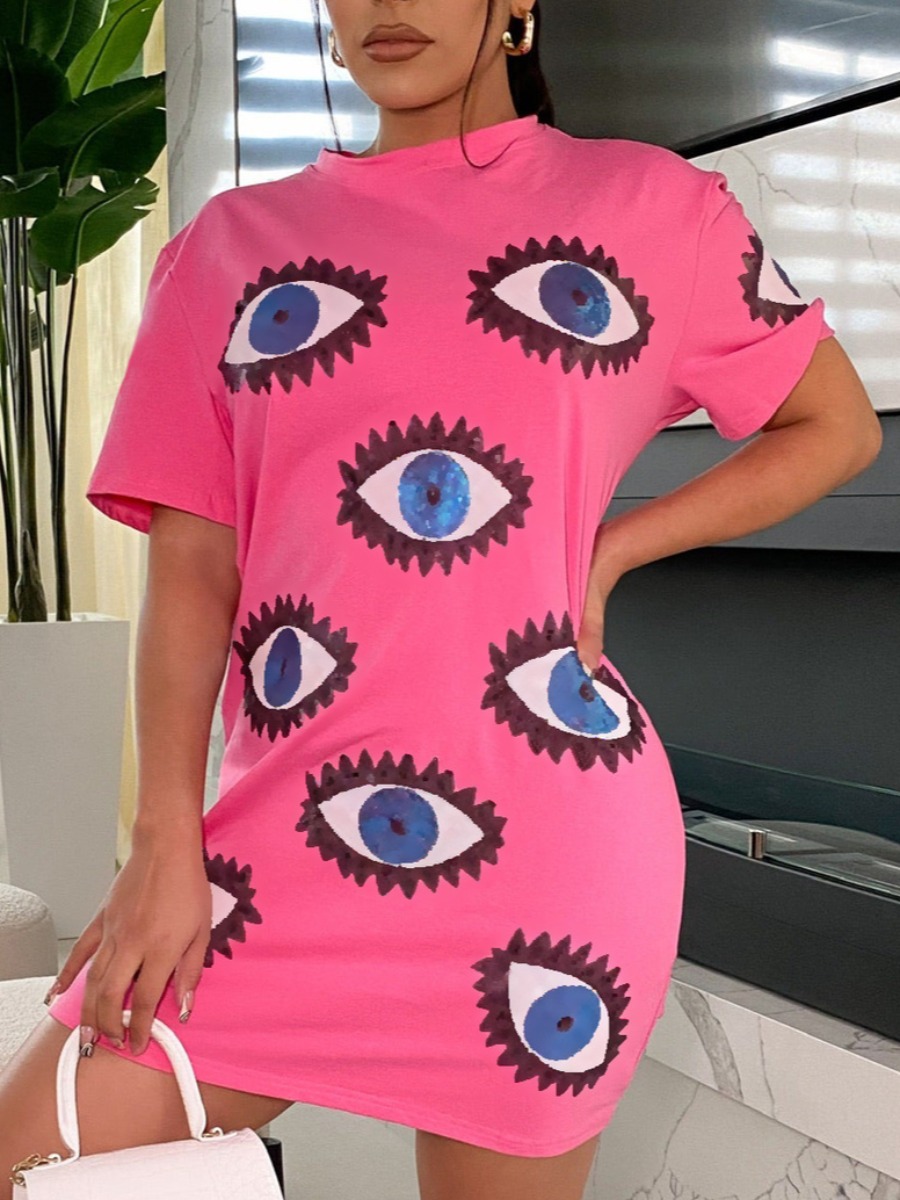 

LW BASICS Round Neck Eye Print Dress, Pink