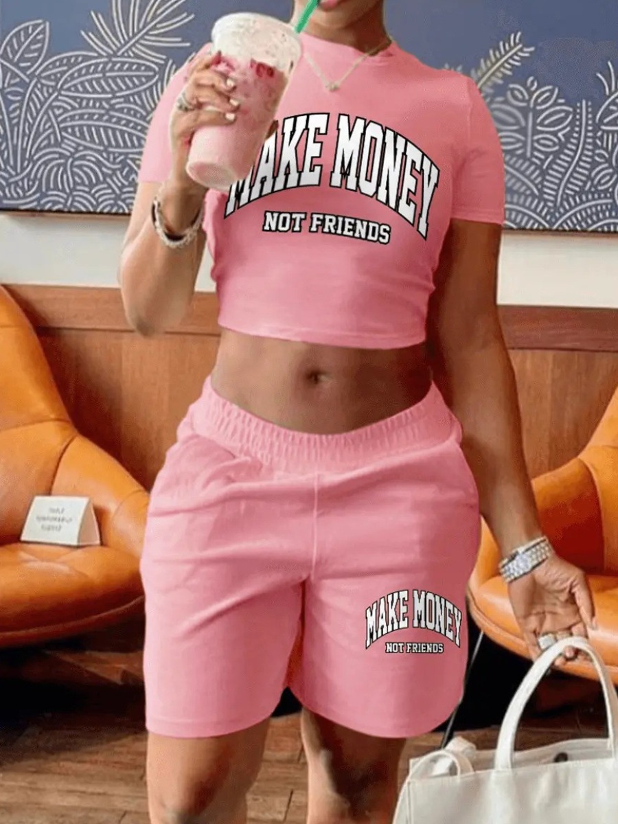

LW Crop Top Make Money Letter Print Shorts Set, Pink