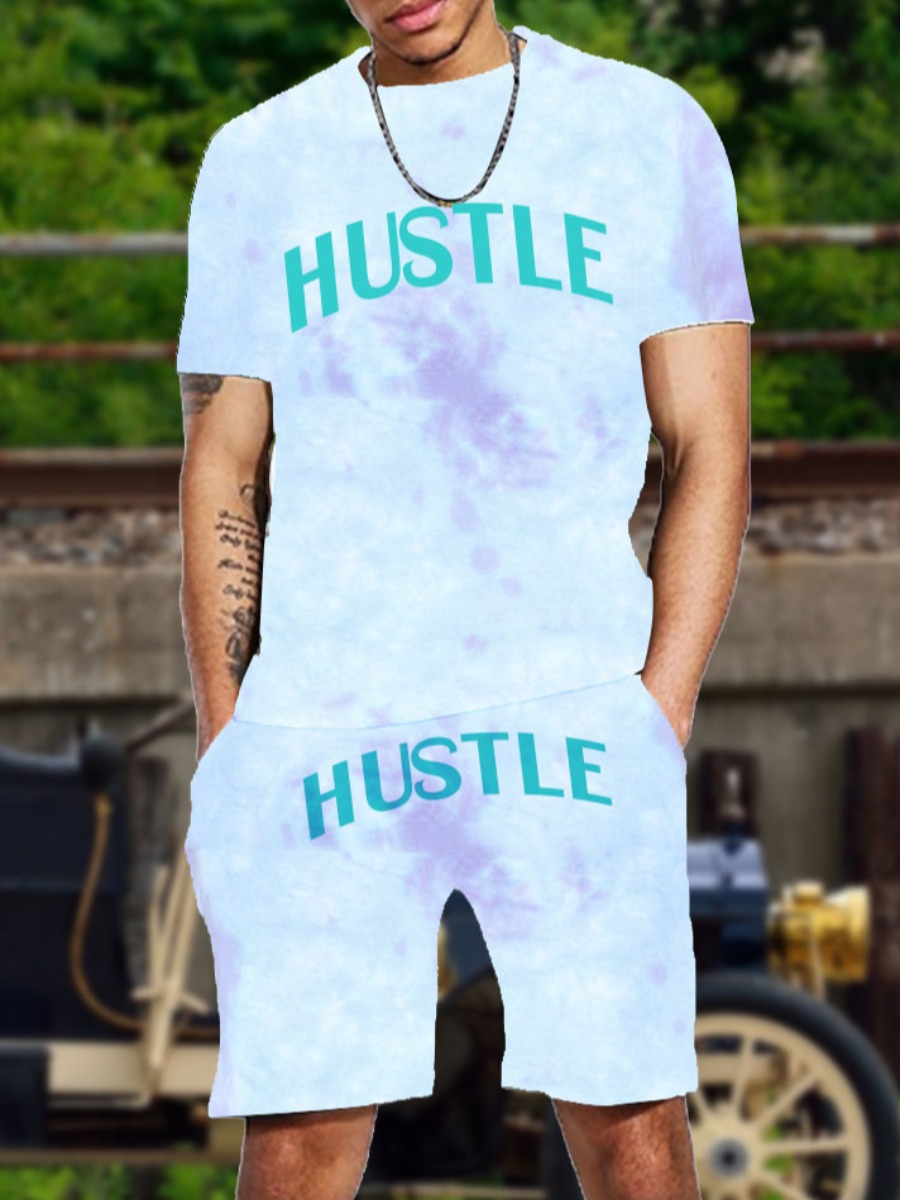 

LW Men Hustle Letter Print Tie-dye Shorts Set, Baby blue