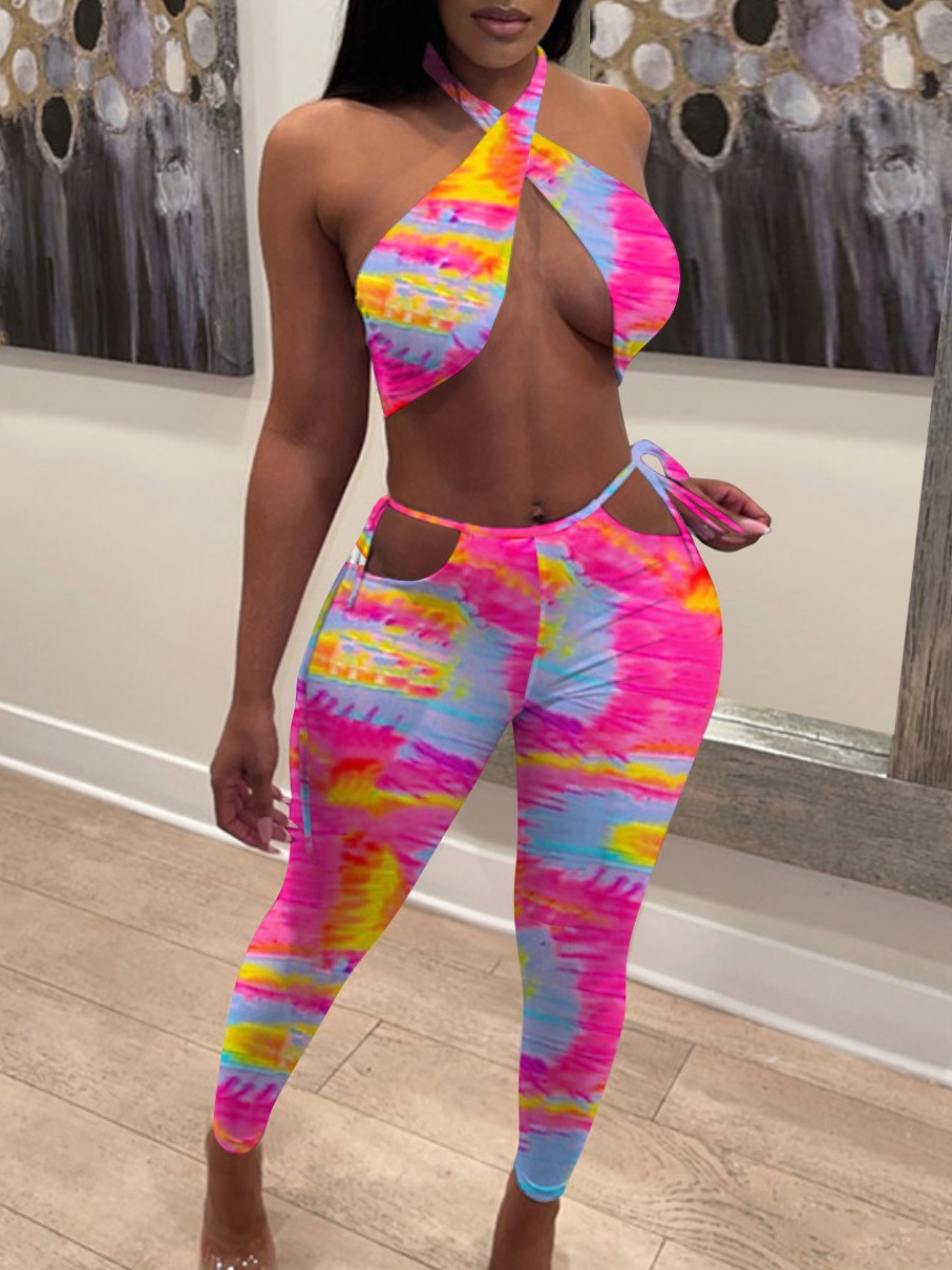 

LW Tie-dye Bandage Design Pants Set, Pink