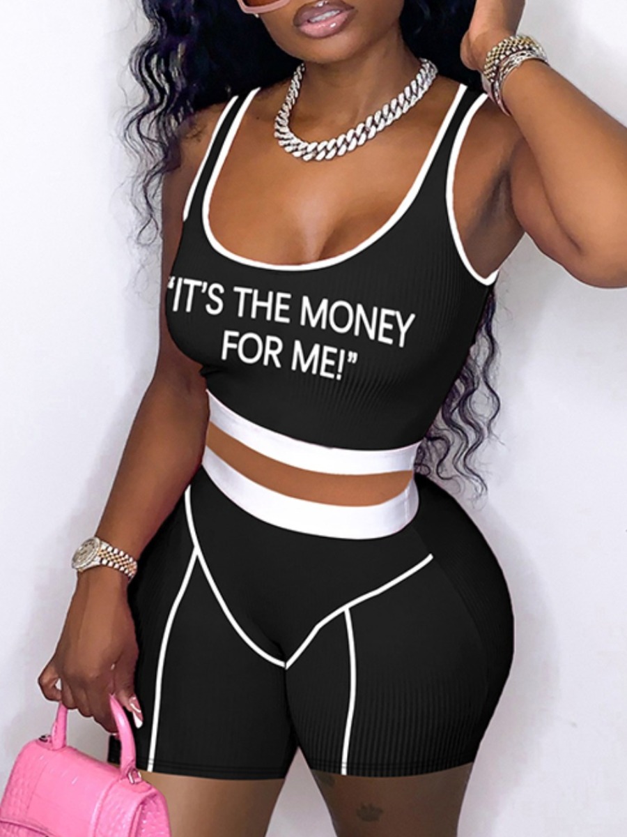 

LW SXY Plus Size Letter Print Striped Shorts Set, Black