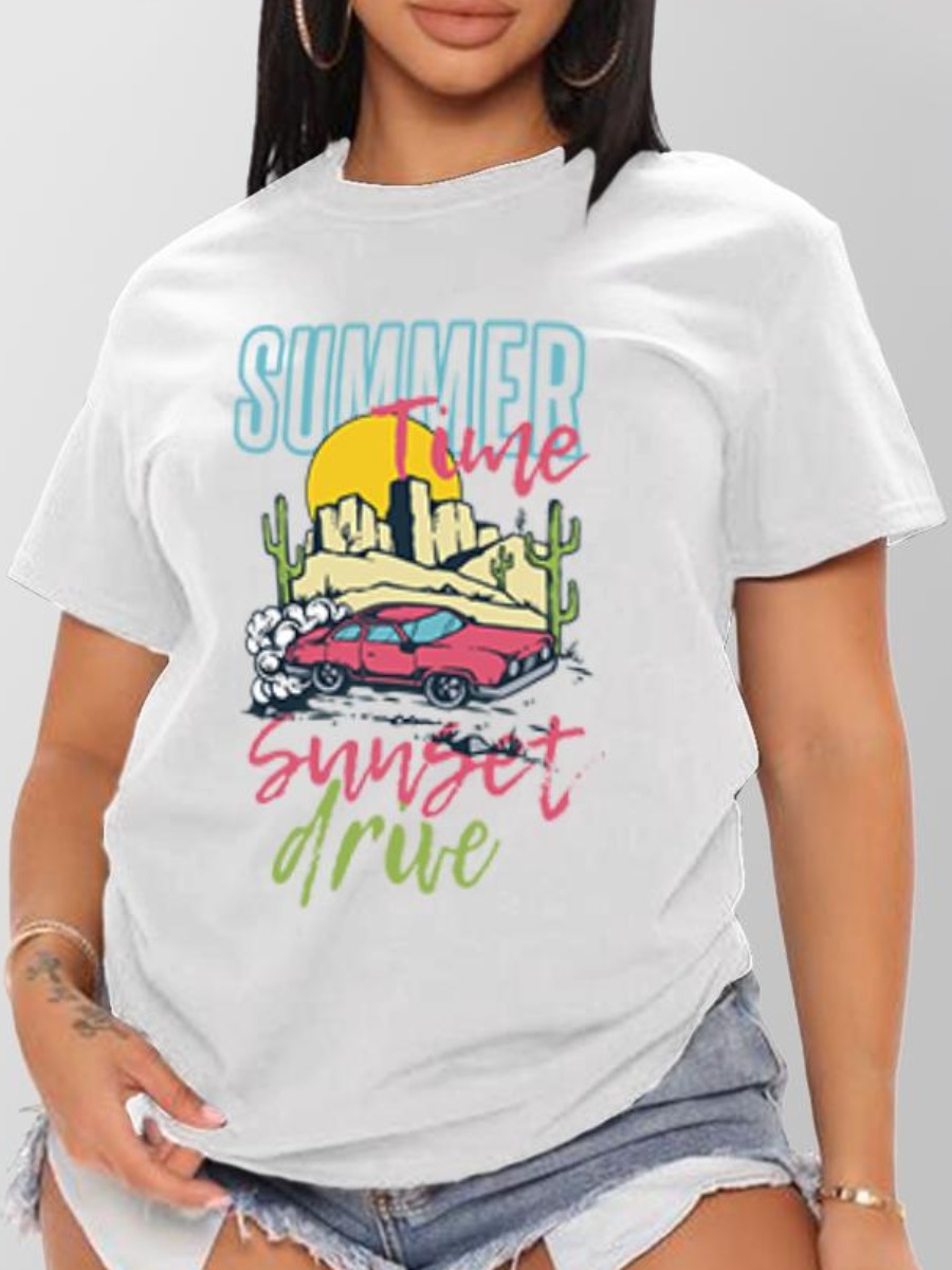 

LW Summer Letter Car Print T-shirt, White
