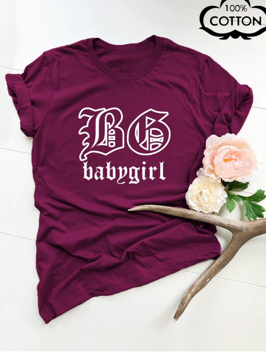 

LW COTTON Plus Size Baby Girl Letter Print T-shirt, Wine red