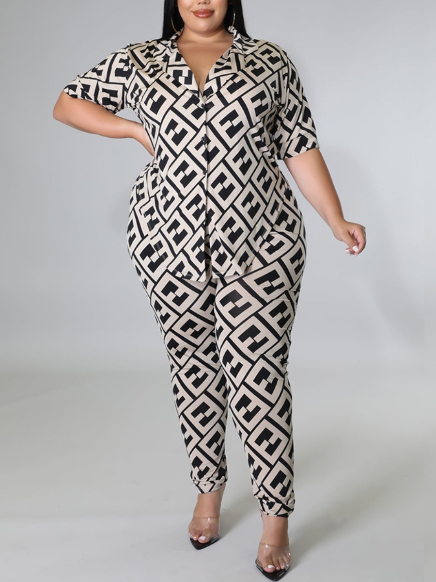 

LW SXY Plus Size Turndown Collar Geometric Print Pants Set, Apricot
