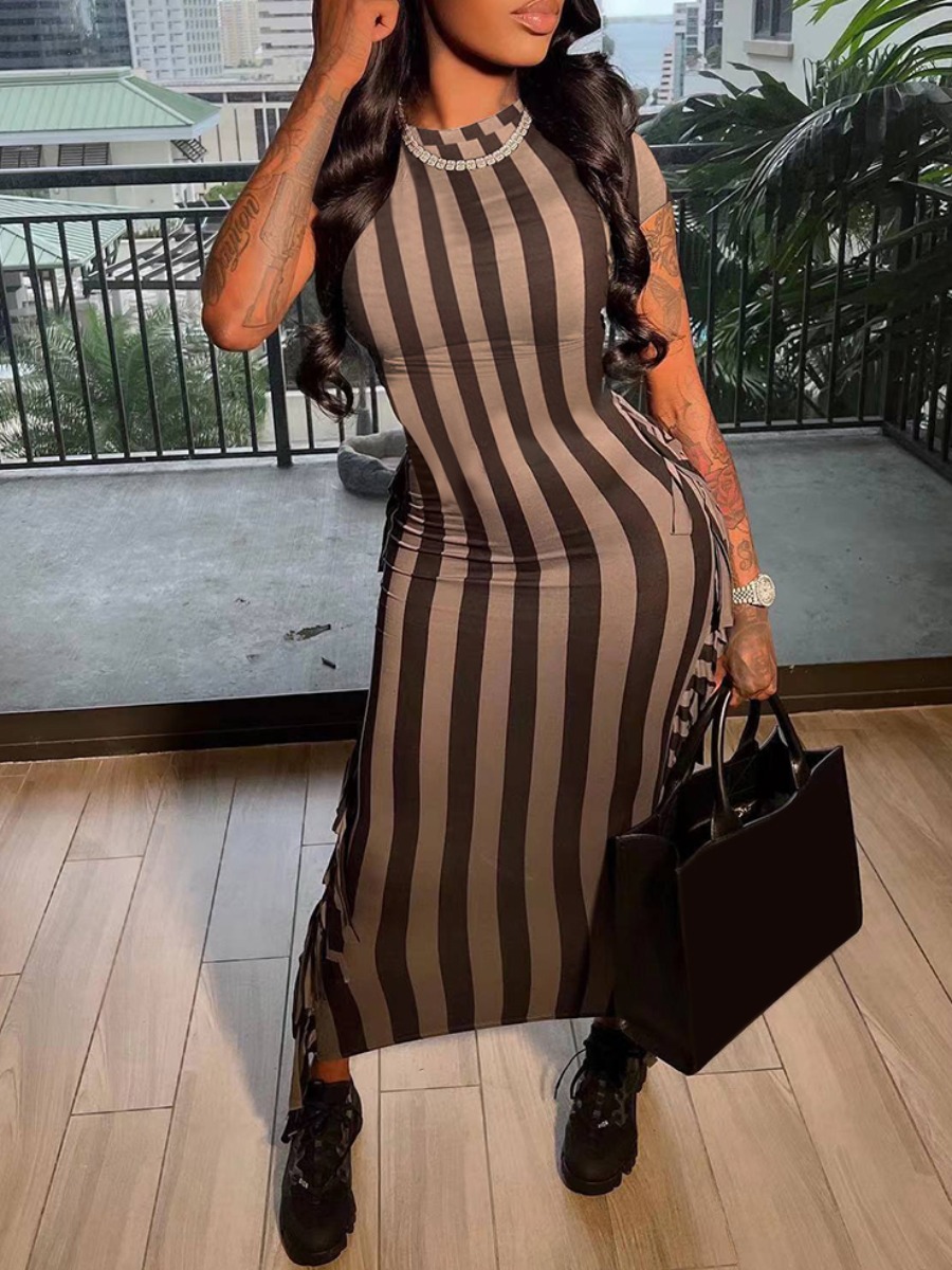 

LW Tassel Design Striped Bodycon Dress, Brown
