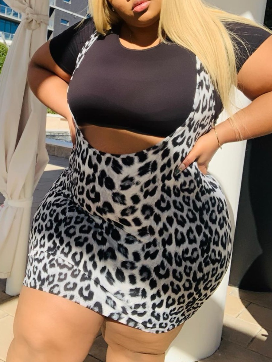 LW SXY Plus Size Leopard Print Overall Shorts Set