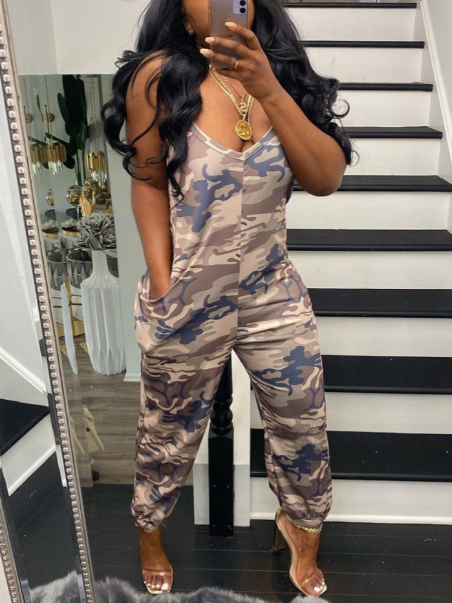 

LW Camo Print Pocket Design Cami Jumpsuit