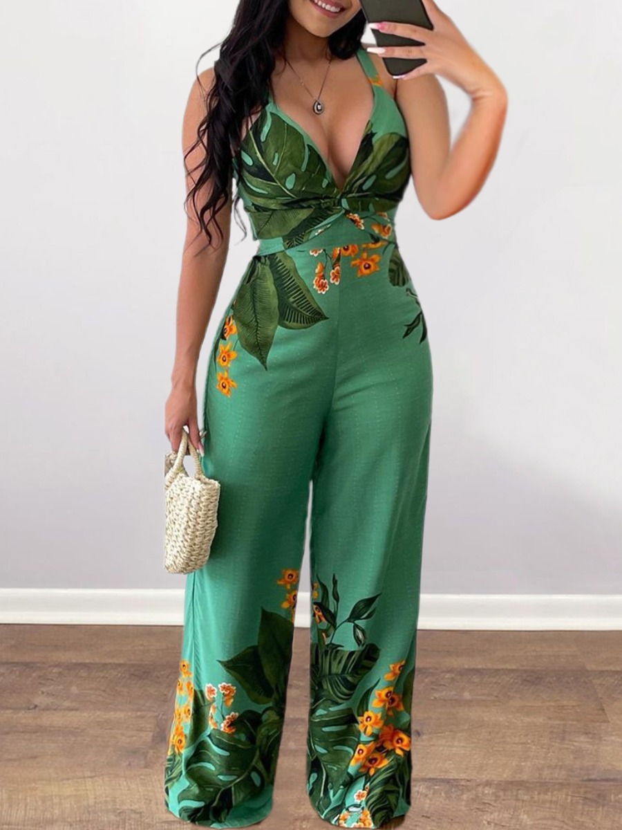 

LW Floral Print Wide Leg Jumpsuit, Green