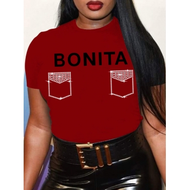 

LW Plus Size Letter Print Rhinestone Fake Pocket T-shirt, Wine red