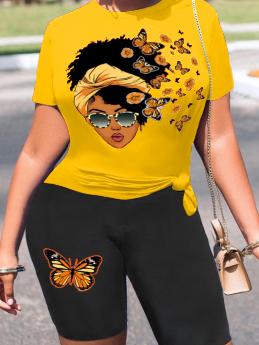 

LW Plus Size Butterfly Figure Print Shorts Set, Yellow