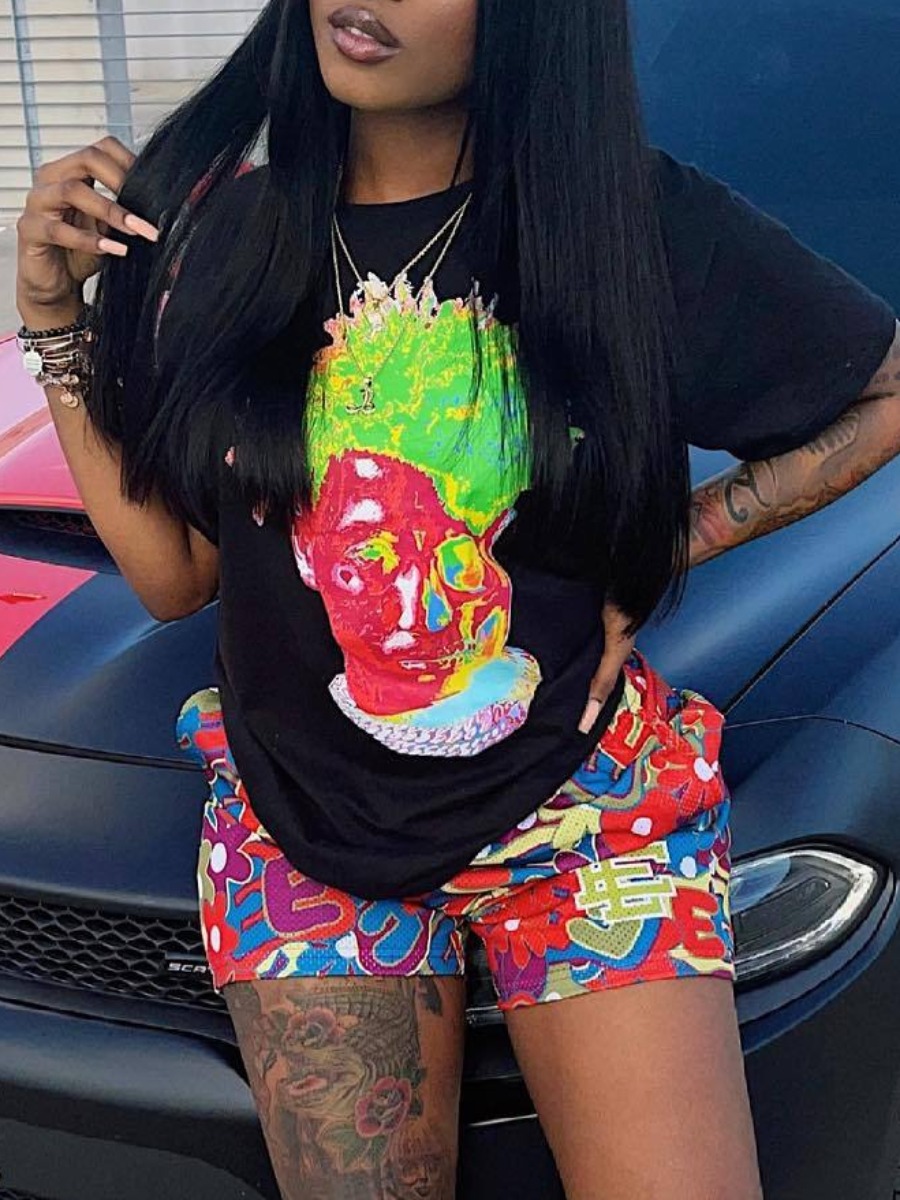 

LW BASICS Graffiti Letter Print Shorts Set, Black