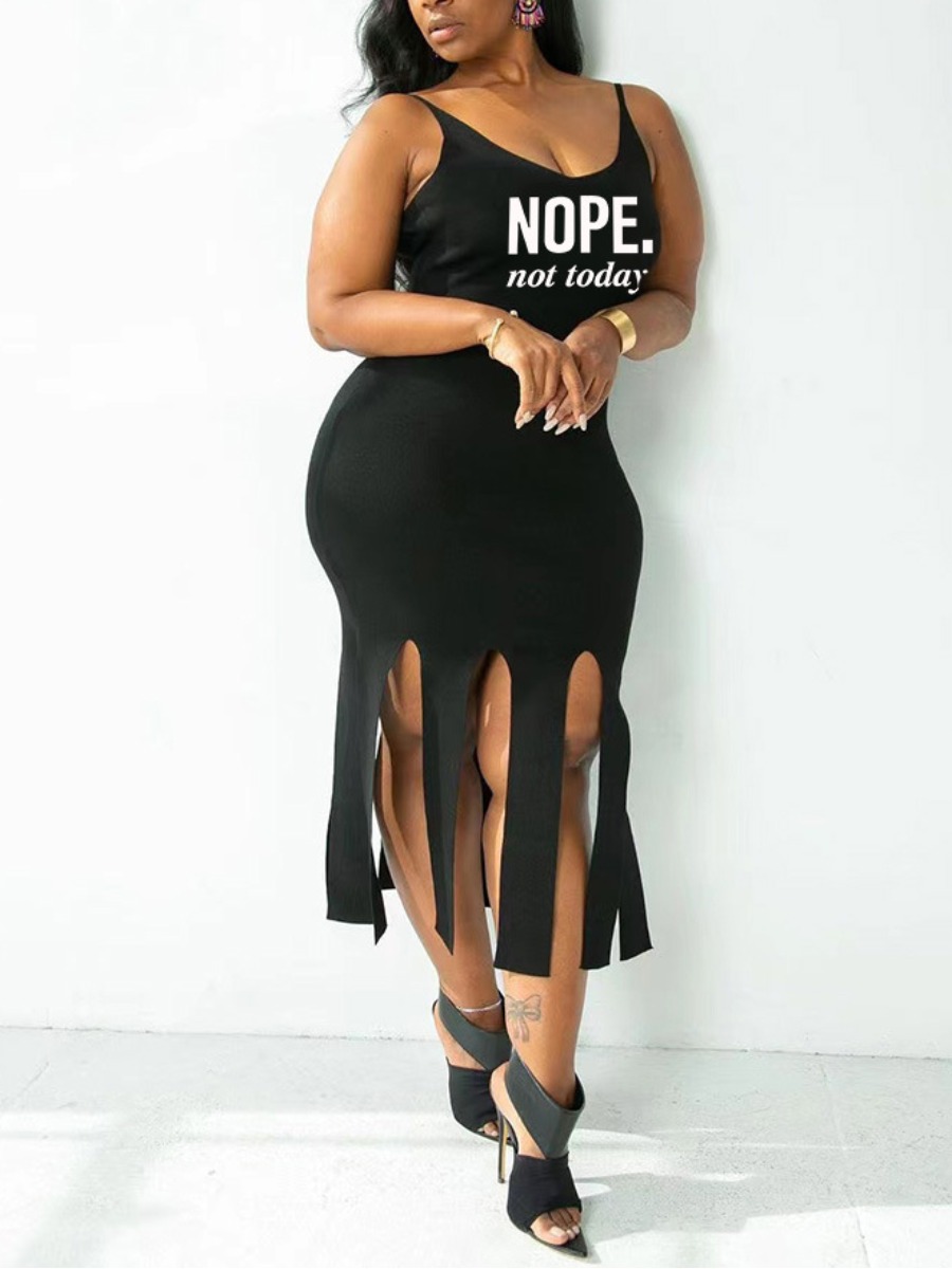 

LW Plus Size Nope Not Today Letter Print Tassel Design Dress, Black