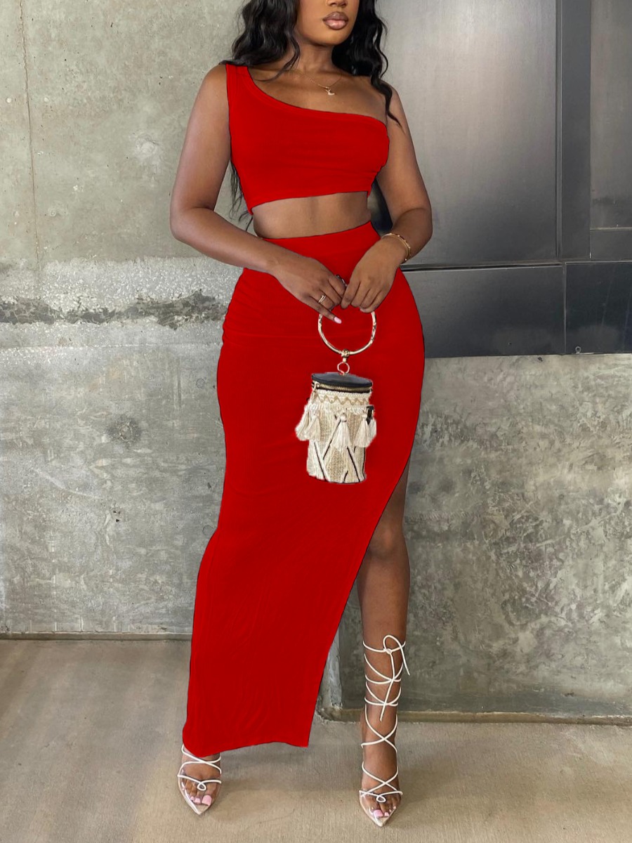 

LW SXY One Shoulder Rib-Knit Thigh Slit Skirt Set, Red