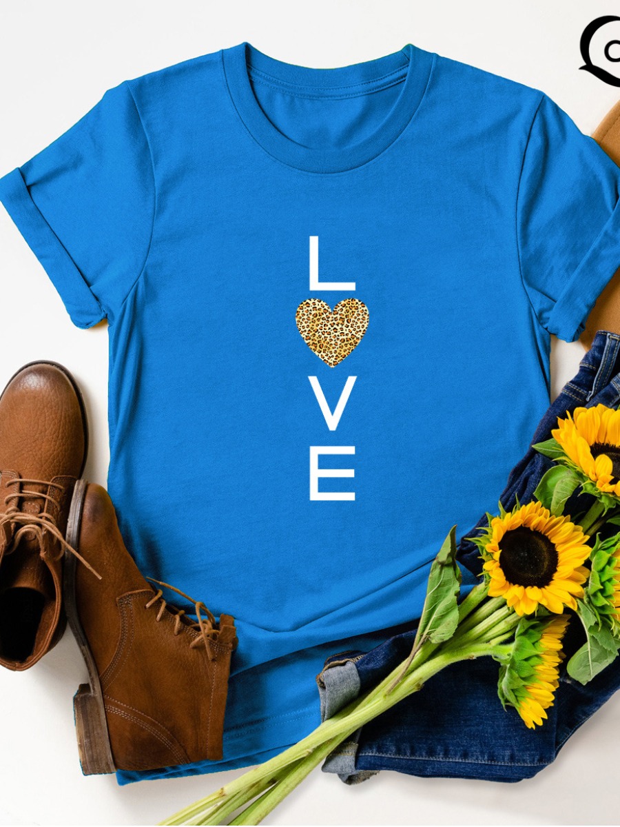 

LW COTTON Plus Size Leopard Heart Letter Print T-shirt, Blue