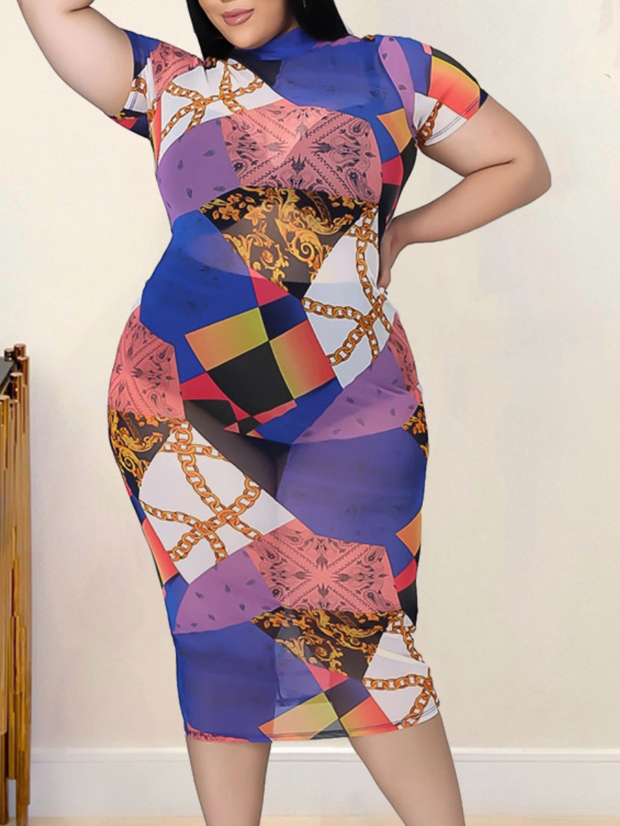 

LW SXY Plus Size Geometric Mixed Print See-through Dress, Multi