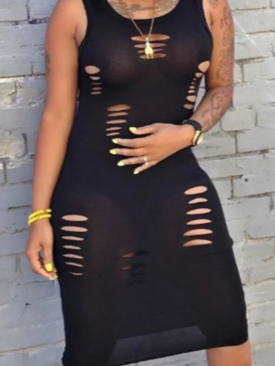 LW SXY Hollow-out Black Knee Length Dress