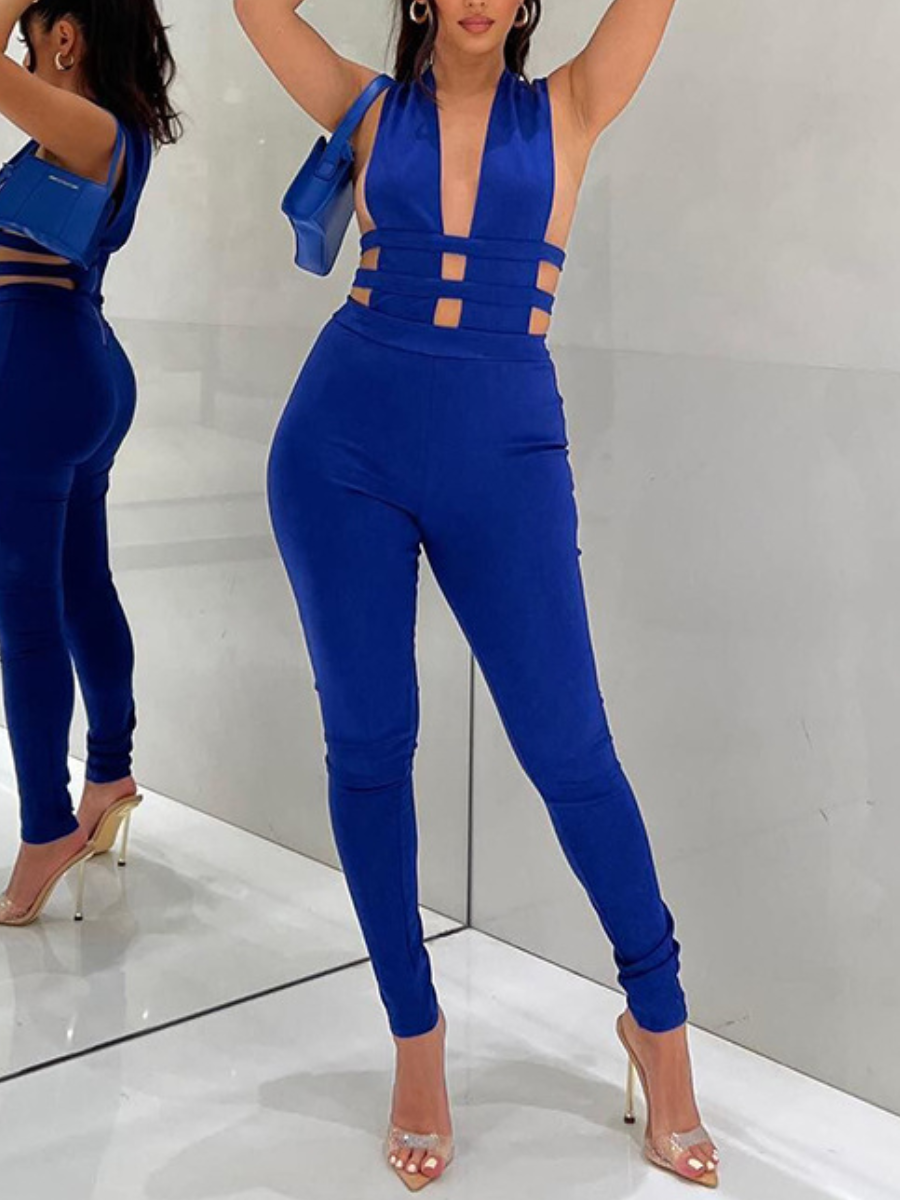 

LW Bandage Hollow-out Design Jumpsuit, Blue