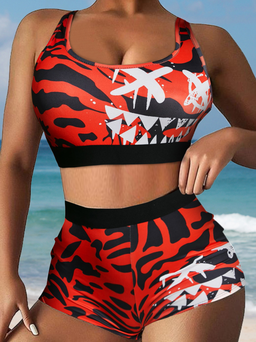 

LW Crop Top Animal Print Shorts Set, Red