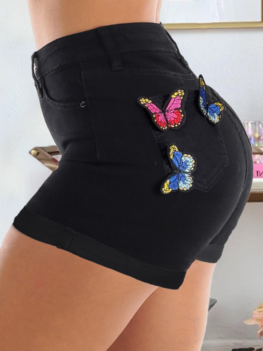 

LW Butterfly Print Medium Stretchy Denim Shorts, Black