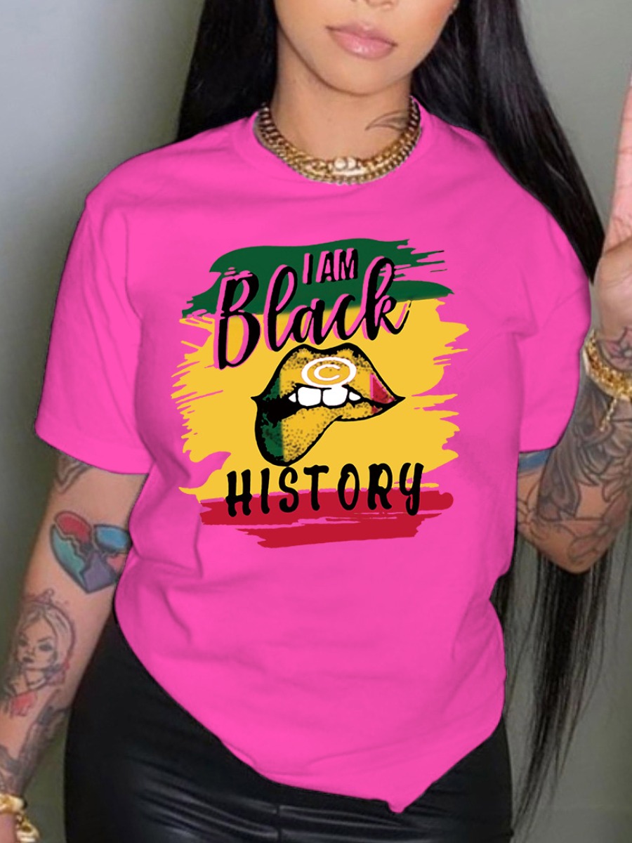 

LW Lip History Letter Print T-shirt, Rose red