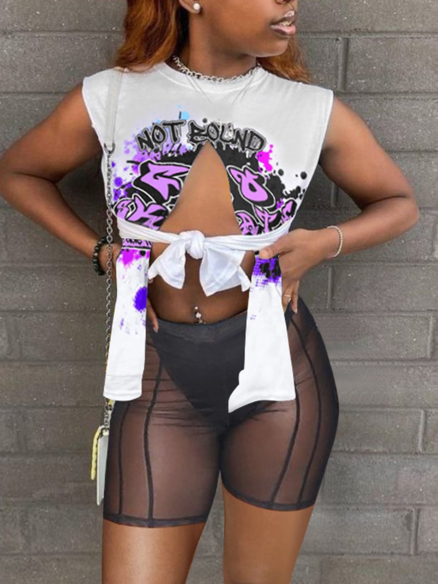 

LW Plus Size Asymmetry Split Letter Print See-through Shorts Set, White
