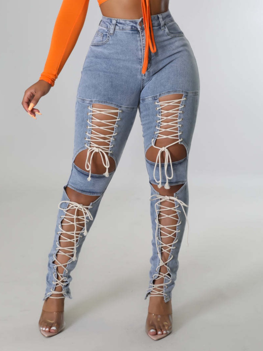 

LW Bandage Design Split High Stretchy Jeans, Blue