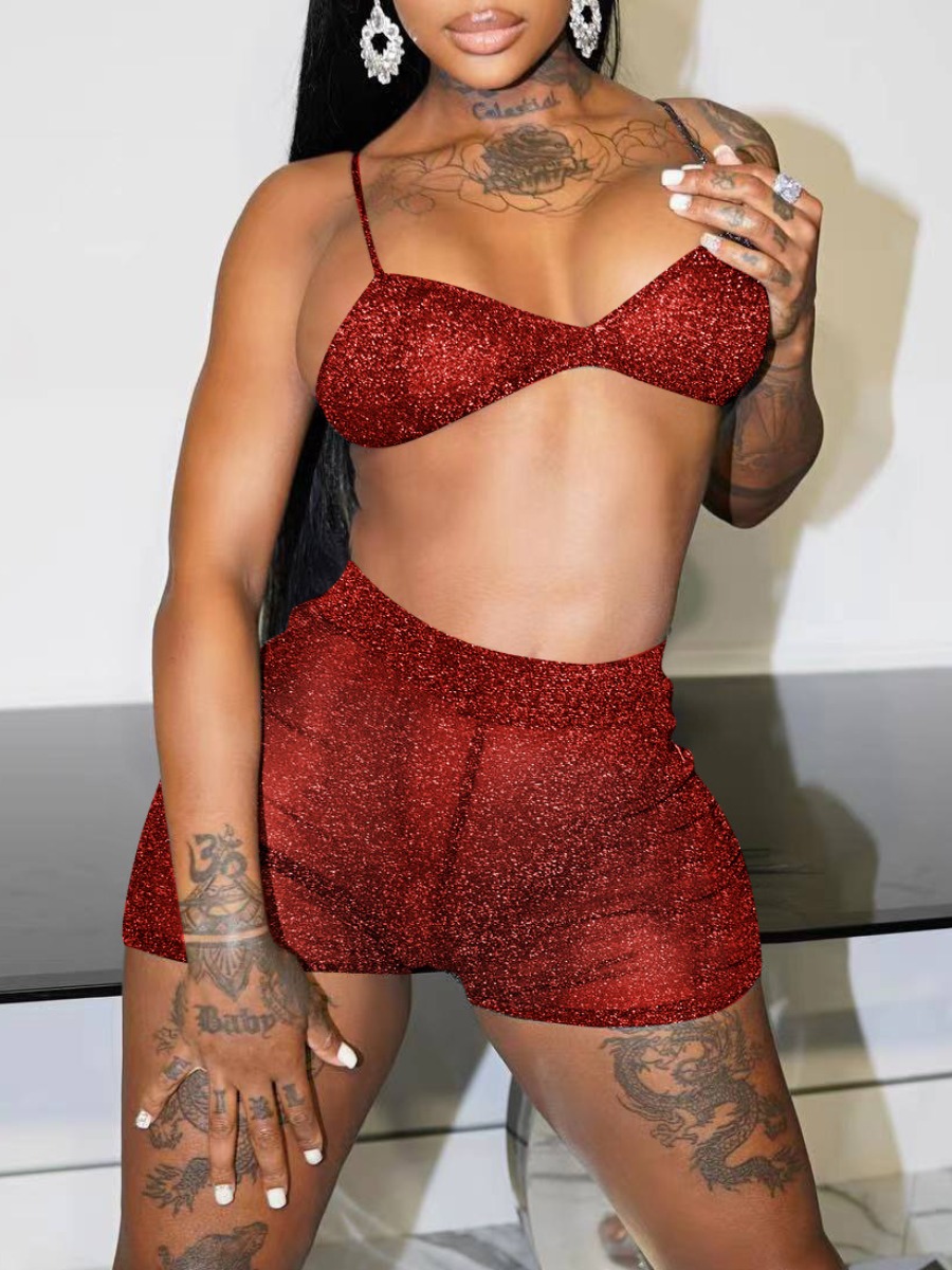 

LW SXY See-through Stretchy Shorts Set, Red