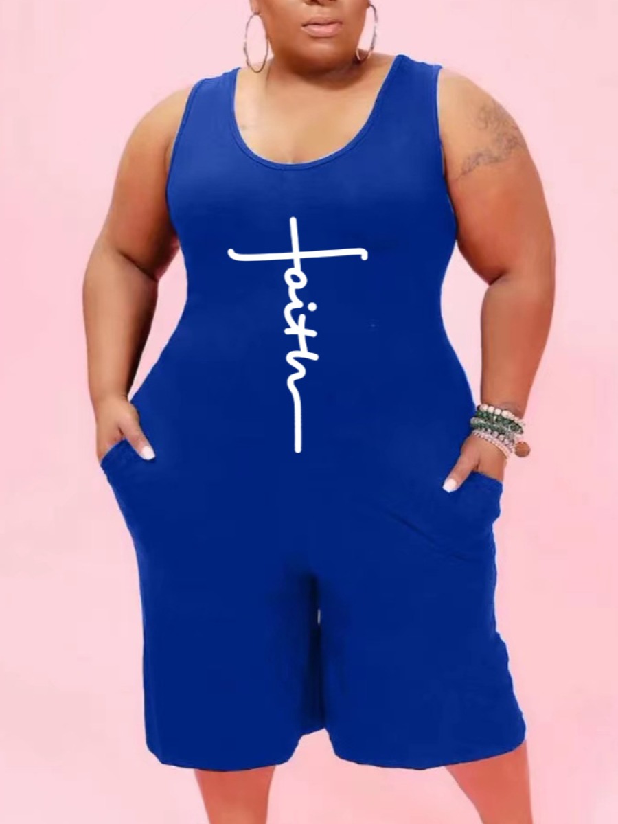 

LW Plus Size Faith Letter Print Cami Romper, Blue