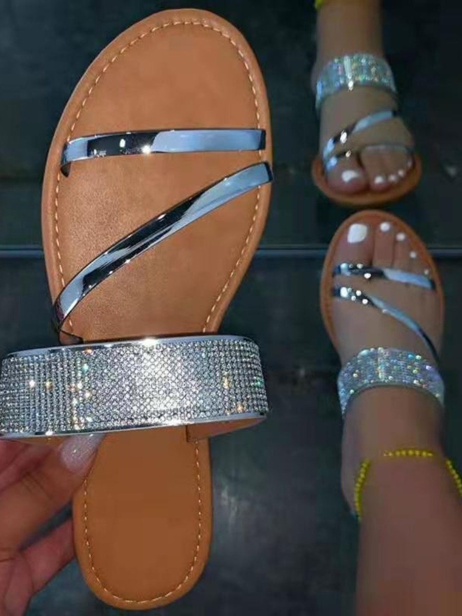 

LW BASICS Round Toe Rhinestone Slides, Silver