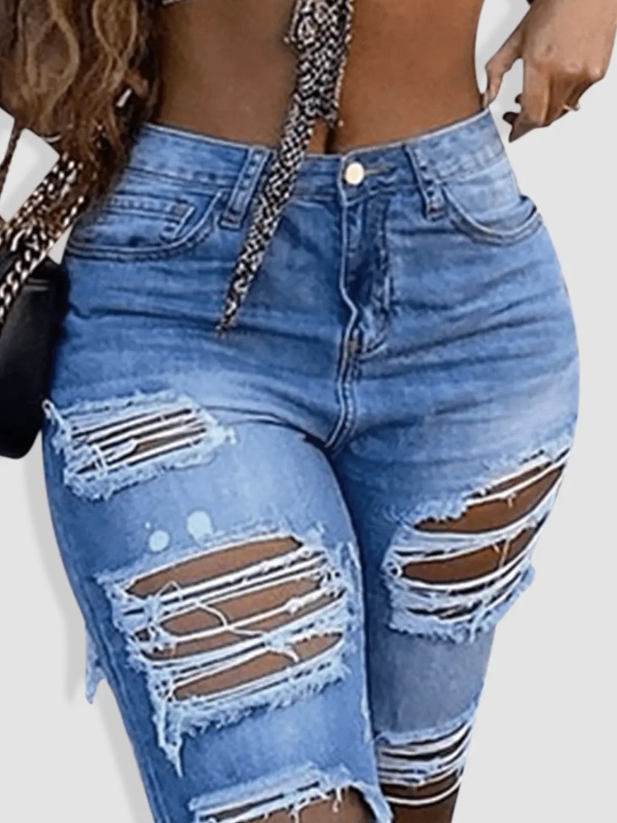 

LW Mid-Waist Ripped High Stretchy Denim Shorts, Blue