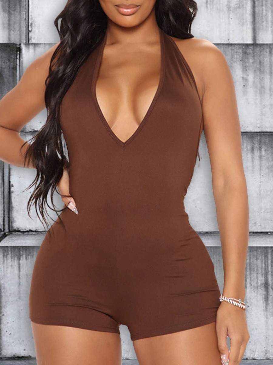 

LW SXY Plus Size Backless Skinny Romper, Brown