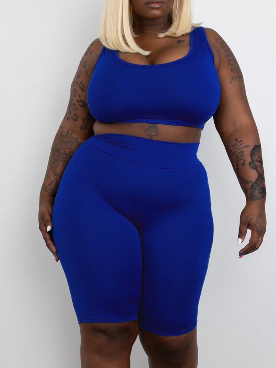 

LW BASICS Plus Size U Neck Skinny Shorts Set, Blue