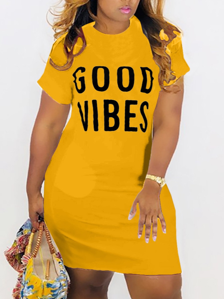 

LW BASICS Good Vibes Letter Print Dress, Yellow