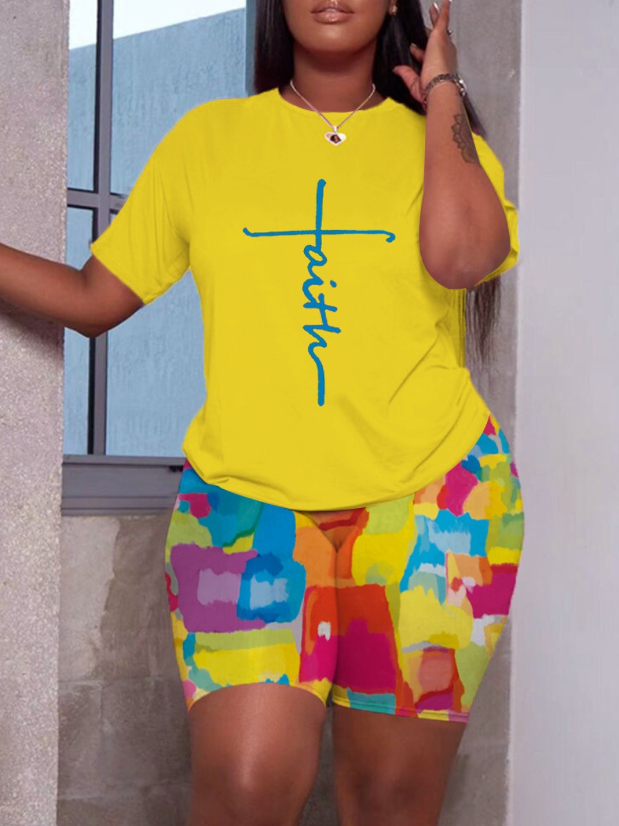 

LW Mixed Faith Letter Print Shorts Set, Yellow