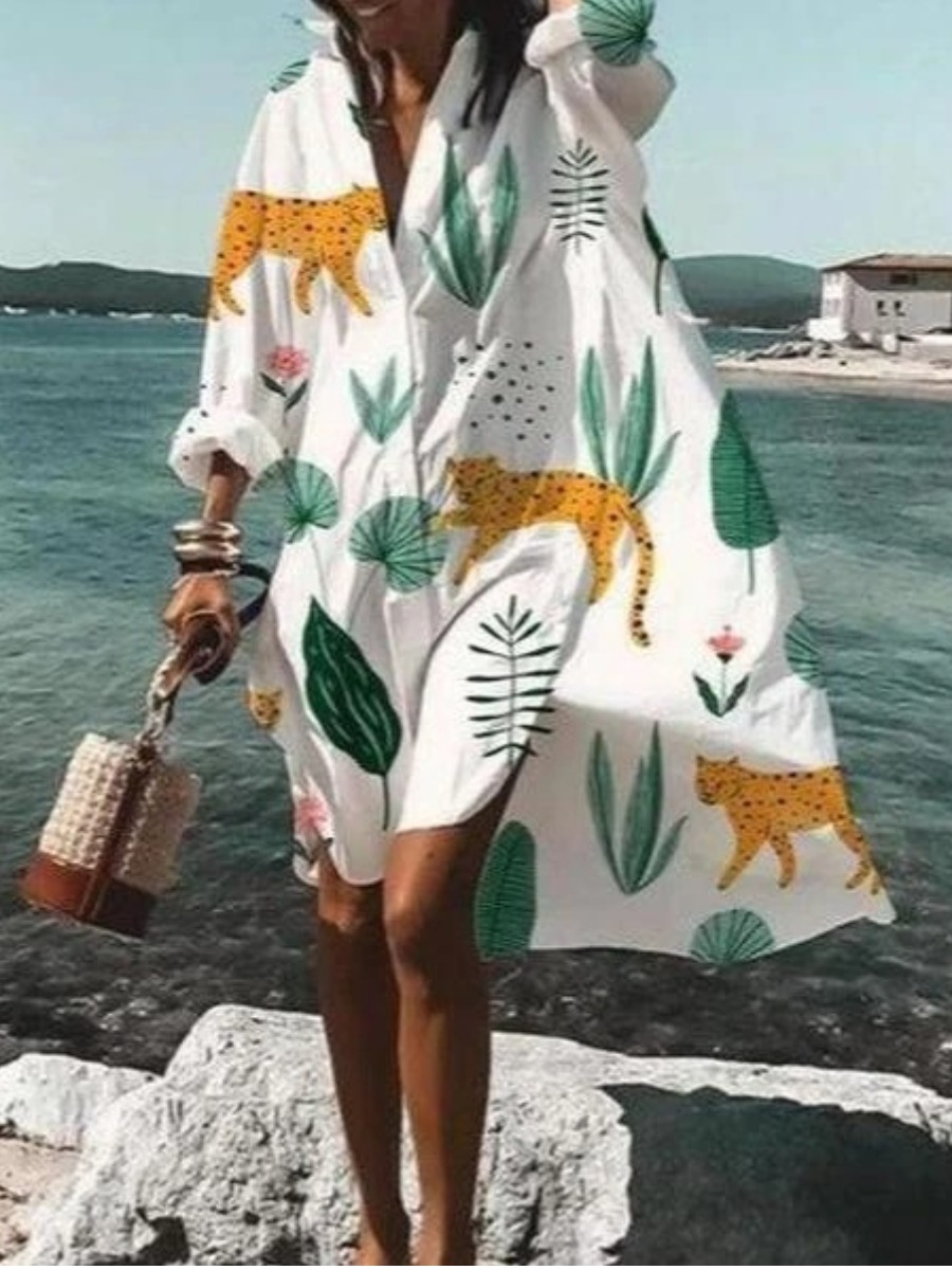 

LW Floral Cat Print Loose Shirt Dress, White