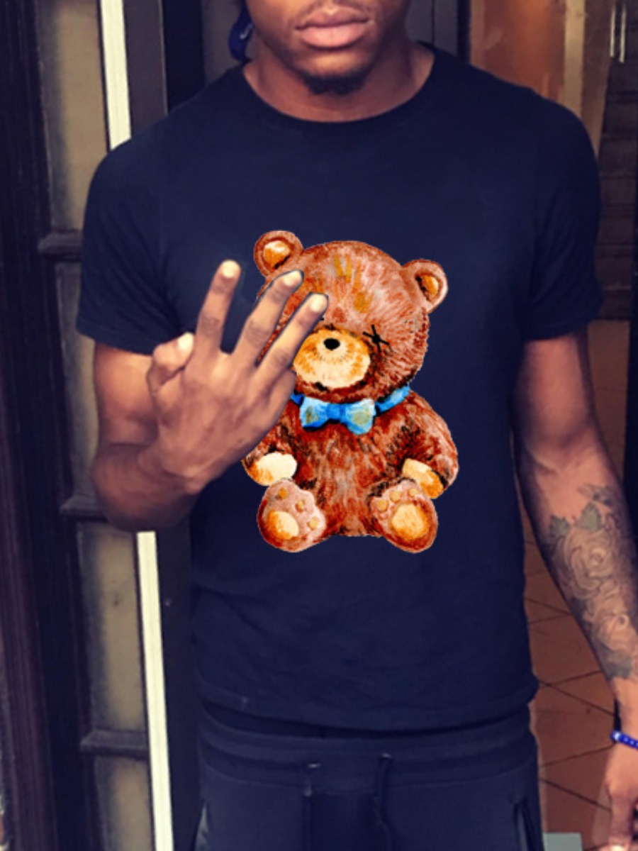 

LW Men Teddy Bear Cartoon Print T-shirt, Black