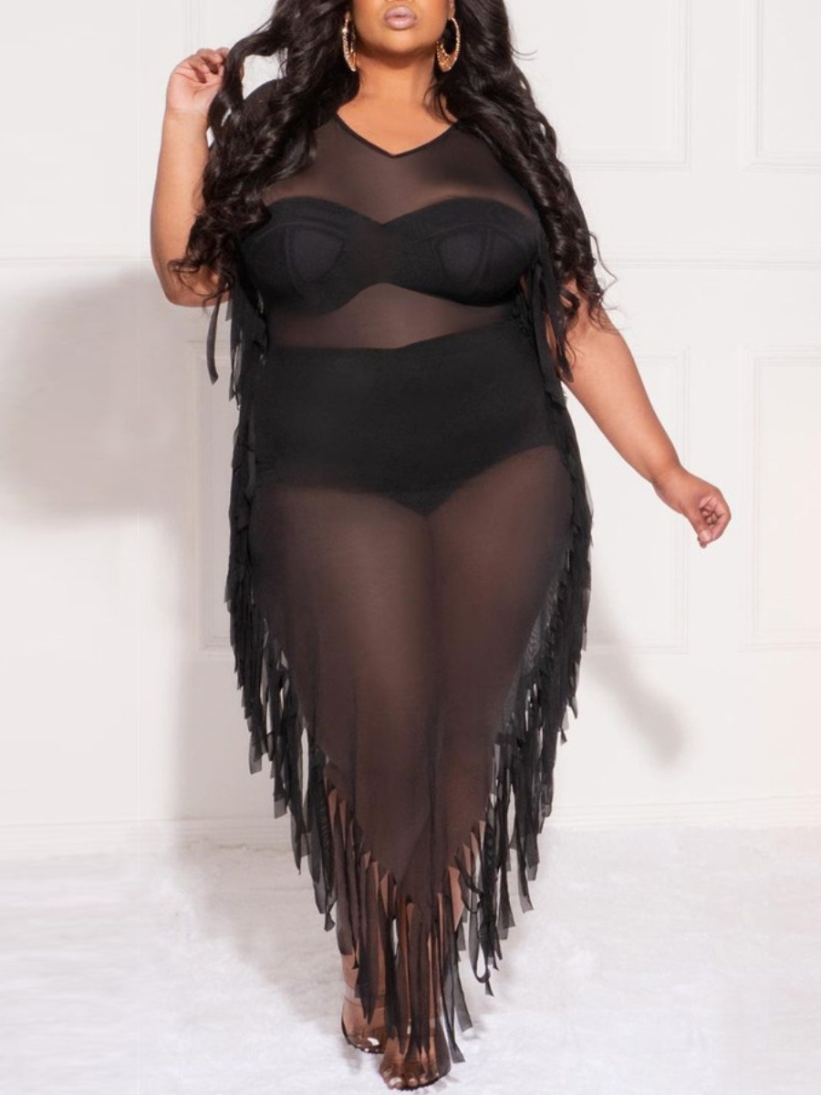 

LW SXY Plus Size Tassel Design See-through Dress, Black