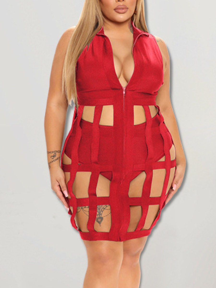

LW SXY Plus Size Zipper Design Cut Out Shorts Set, Red