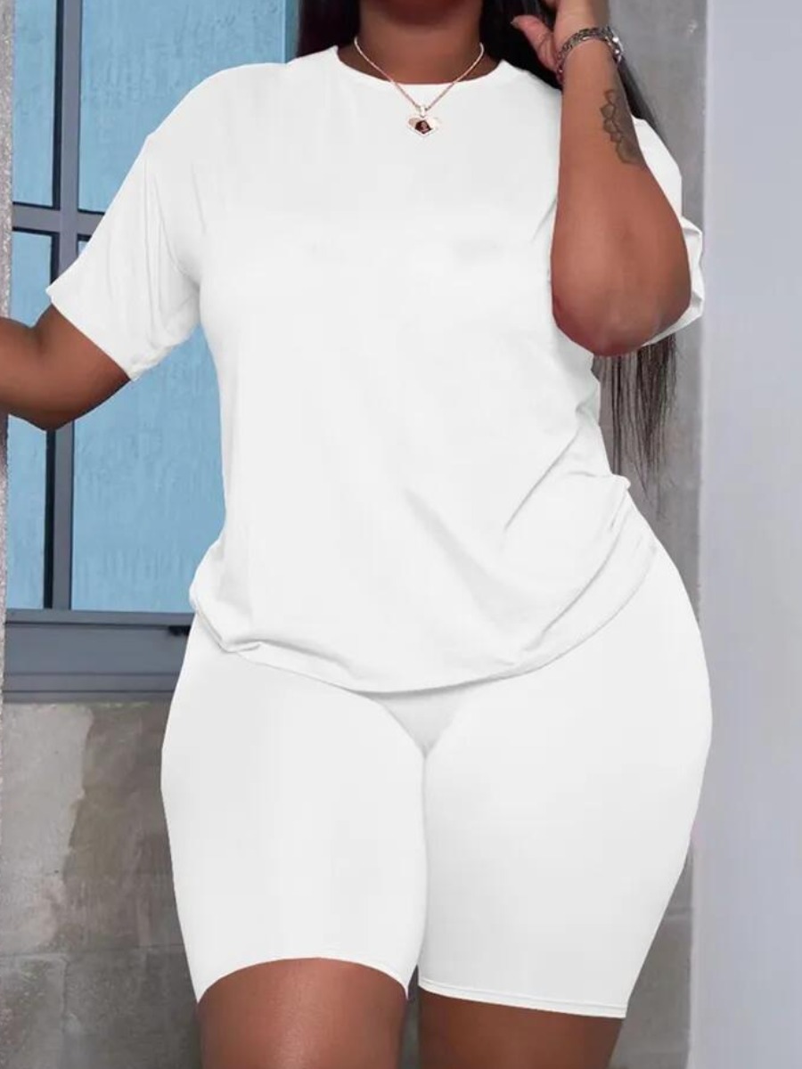 LW BASICS Plus Size Round Neck Shorts Set
