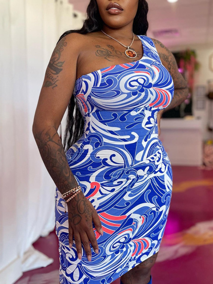 

LW One Shoulder Mixed Print Bodycon Dress, Blue
