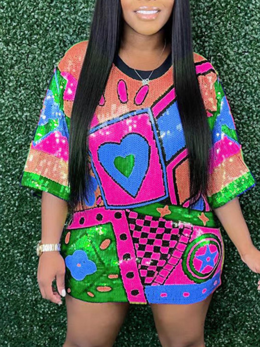 LovelyWholesale Plaid Geometric Print Loose Dress Summer Half Sleeve Street Sequin Round Neck Spring Summer 2024