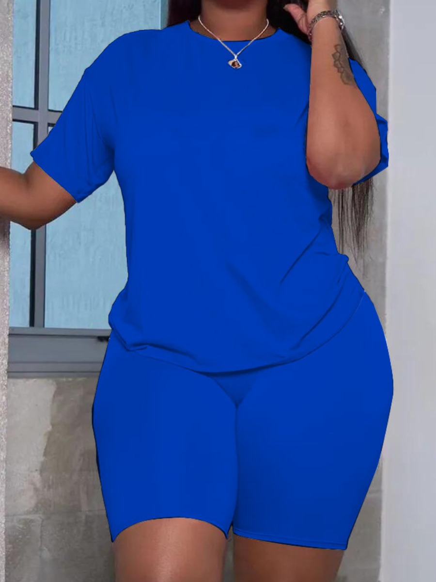 

LW BASICS Plus Size Round Neck Shorts Set, Blue