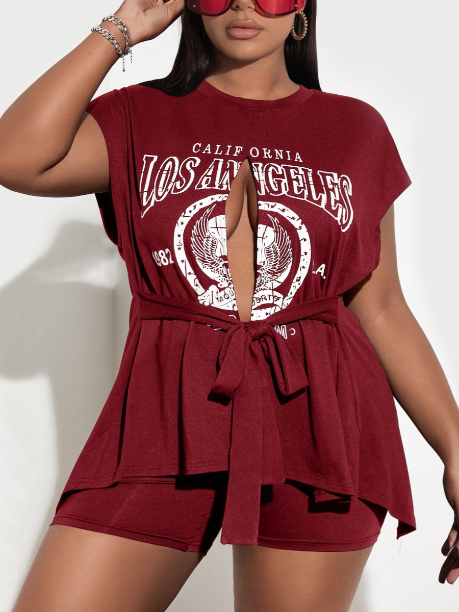 

LW SXY Letter Print Split Shorts Set, Red