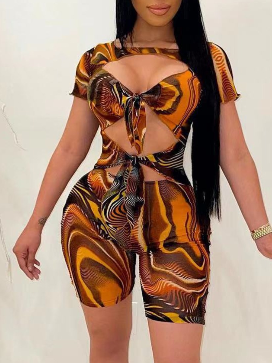 

LW Plus Size Mixed Print Bandage Hollow-out Design Romper, Multi