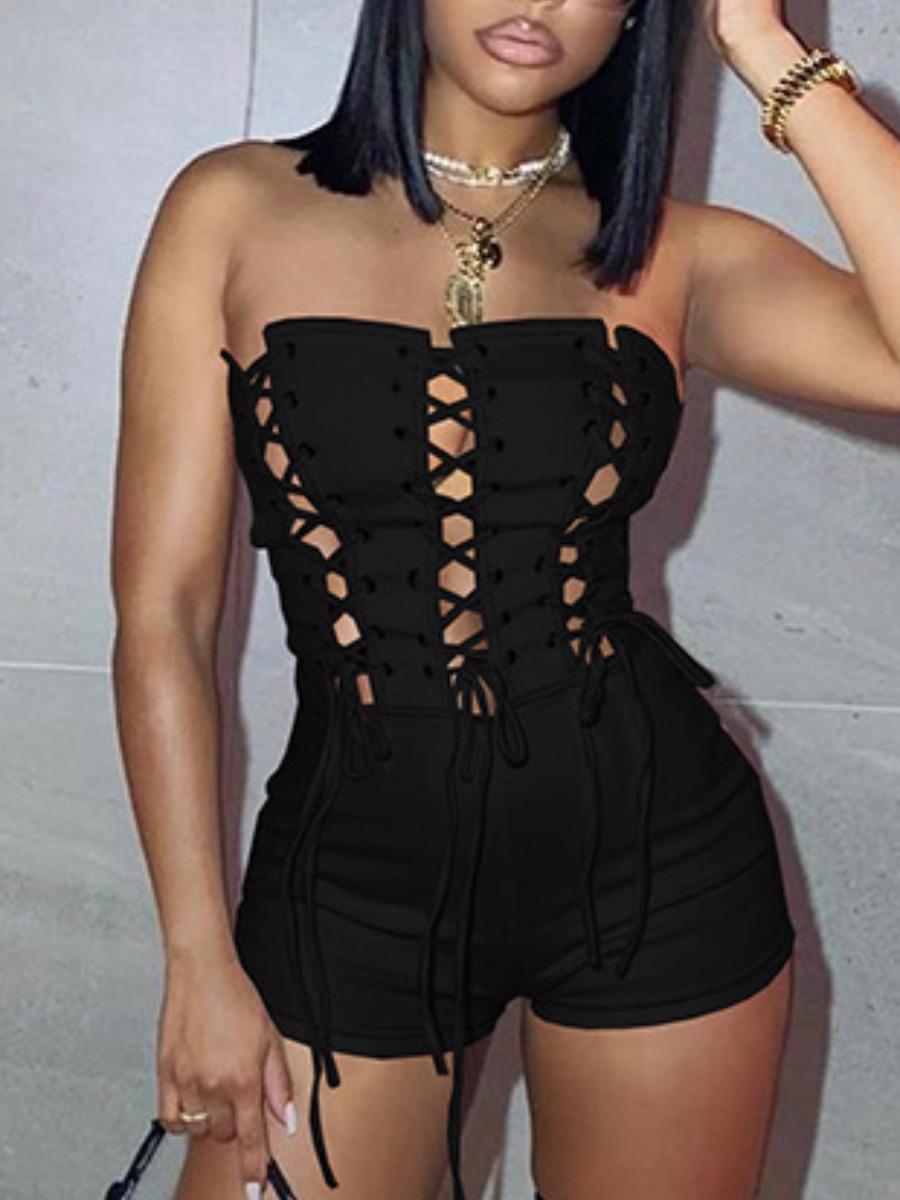 LovelyWholesale Off The Shoulder Bandage Design Romper Summer Sleeveless Street Bandage Design Bateau Neck Spring Summer 2024